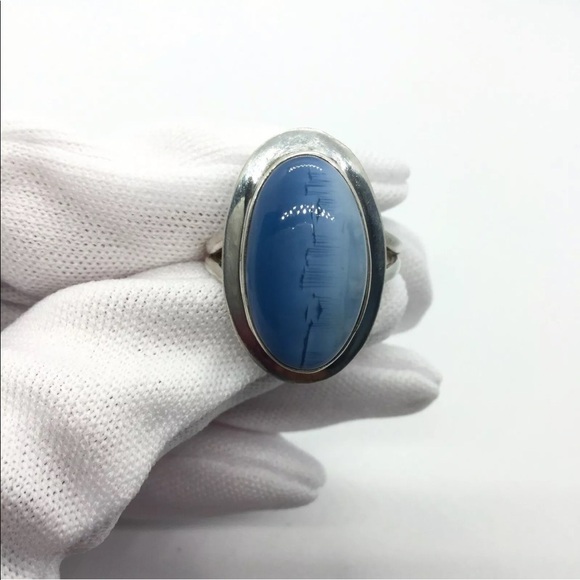 BLUE/ WHITE LACE AGATE STERLING SILVER OVAL RING - Picture 2 of 10